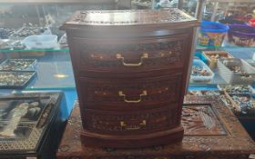 Small Inlaid Brass & Carved Mahogany Three Drawer Indian Bedside Bow Fronted Chest. 18'' wide x 21''