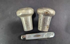 925 Sterling Silver Pocket Knife + 2 Sterling Silver Walking Cane Tops.