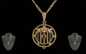 Ladies Excellent 9ct Gold Circular Open Worked Pendant, set with gems, marked 9ct, with attached 9ct