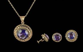 Ladies Matching Trio of 14ct Gold Amethyst Set, consists of ring, pendant and chain, and a pair of