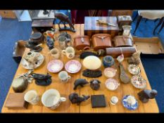 Two Boxes of Miscellaneous, to include binoculars, wooden boxes, odd pottery, Oriental items, clock,
