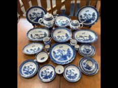 Box of Blue & White Booths Old Willow Pattern China, teapot, bowls plates, vases, cups, saucers,