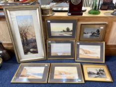 Eight Miscellaneous Pictures, watercolours depicting coastal scenes, country lanes, and Oriental