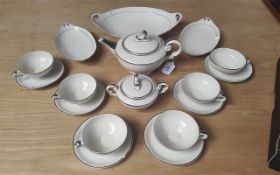 Lovely Art Deco Afternoon Tea Set, in cream with silver highlights. Comprising tea pot, lidded sugar