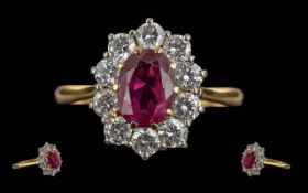 Ladies Excellent Quality 18ct Gold Ruby & Diamond Set Cluster Ring. Full hallmark to interior of