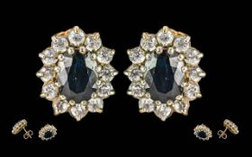 Ladies Fine Pair of 18ct Gold Sapphire & Diamond Set Cluster Earrings, marked 750 - 18ct. 12 small