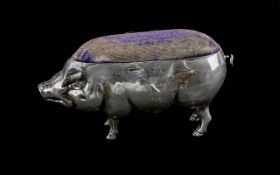 Vintage Sterling SIlver Pin Cushion In the Shape of a Pig. Stamped for 925 Silver. Weight Approx