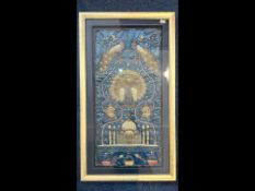 A Large Indian Silk Embroidered Panel, depicting Peacocks and the Taj Mahal, picked out in gold