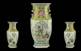Hexagonal Chinese Famille Decorative Vase, With Enamel Services of Traditional Chinese Figures,