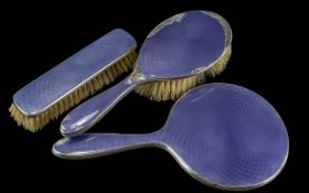 925 Sterling Silver & Purple Enamel Dressing Table Set. Comprises 1 Mirror & 2 brushes. Fully