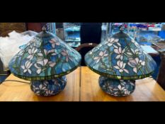 Two Tiffany Style Table Lamps in blue, pink and green colours. Height approx. 18''.
