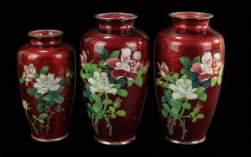 Fine Set of Three Japanese Dragons Blood Cloisonne Vases, with silvered mounts. Stamped Nekka -
