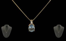 Ladies 18ct Gold Excellent Aquamarine and Diamond Set Pendant Drop, marked 18ct. Attached to a