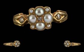 Antique Period Ladies 18ct Gold Diamond & Pearl Set Ring - Full Hallmark To Interior Of Shank.