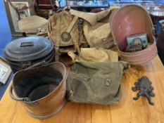Collection of Metal Ware, to include two coal scuttles, a metal hat box, advertising tins, a