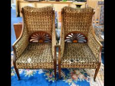 Pair of Edwardian Upholstered Parlour Armchairs of typical form of the period, the mahogany frame