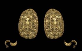 Ladies - Pair of 14ct Gold Ornate Design Hoop Earrings, marked 14ct. Weight 4.2 grams. Excellent