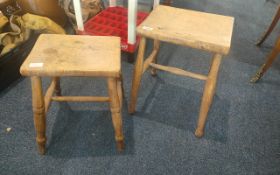 Two Antique Elm Cottage Stools, tallest 18'' x 113.5'' x 11'', smaller 16'' x 12'' x 9.5''.
