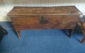 Antique Oak Planked Top Sword Chest, with cut and shaped feet to the sides, with original iron
