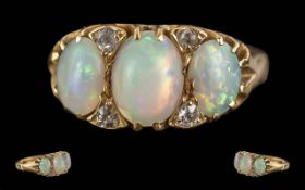 Antique Period Ladies 18ct Gold Three Stone Opal & Diamond Set Ring, marked 18ct to shank. Well