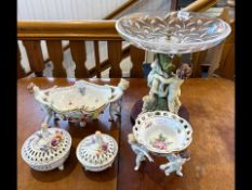 Collection of Continental Porcelain, all cherub related, comprising a table centre piece with a