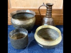 Four Brass & Copper Antique Far Eastern Vases, embossed and engraved with figures, trees and