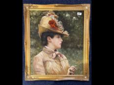 Good Quality Oil Painting on Canvas, depicting a bonneted young woman. Housed in gilt frame.