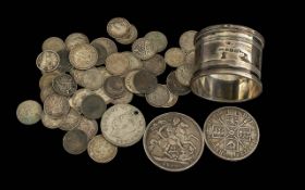 Tin of Silvered Coins, mainly English, includes Crown, Double Florin, Threepences, etc. Together