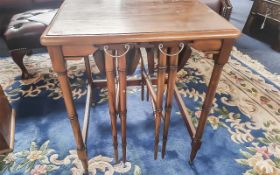 Regency Style Mahogany Nest of Three Tables, square form, turned bamboo style supports, with two