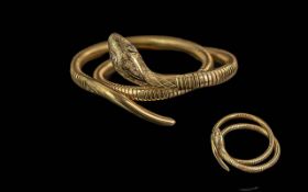 Ladies Excellent Quality 9ct Gold Realistic Coiled Snake Bangle, with diamond set eyes. Full