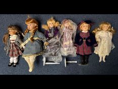 Six Porcelain Headed Dolls, assorted dre