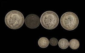 Three Silver Half Crowns, 1914 & two 1918 (42 grams) with a Hibernia Halfpenny 1726. Four pieces.