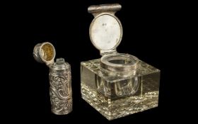 Heavy Cased Glass Inkwell with Sterling SIlver Nib, Along with an Ornate Sterling Silver Perfume