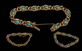 Antique Period Ladies 15ct Gold Turquoise Set Bracelet with Safety Chain. Marked 15ct. Well