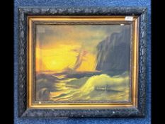 Oil Painting on Canvas depicting a sailing ship in rough seas, shipwreck with a lone figure drifting