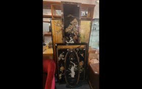 Collection of Six Black Lacquered Oriental Panels, all various subjects, birds, blossoms, figures