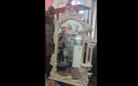 French Style Large Rococo Style Over Mantle Mirror. Distressed carved wood in cream and gilt.