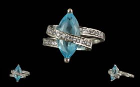 Ladies Contemporary Designed 18ct White Gold Aquamarine and Diamond Set Ring. Marked 750 - 18ct.