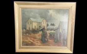 South African Interest - A Rare Oil Antique Painting on Canvas, depicting a Boer settlement with a