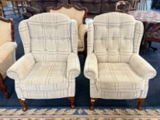 Two Wingback Modern Fabric Armchairs, in a light natural check pattern and wooden Queen Anne legs.