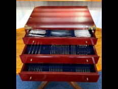 Mahogany Finish Three Drawer Canteen of Cutlery, King's Pattern, eight piece setting.