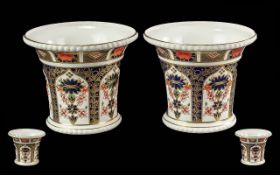 Royal Crown Derby Hand Painted Old Imari Pattern Pair of Small Jardinieres, With Flared Tops.