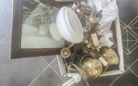 Miscellaneous Lot of Bric a Brac, consisting of a brass lamp, black telephone, brass wall lights and