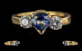 Large 18ct Gold 3 Stone Sapphire / Diamond Set Ring. Tests 18ct Gold.