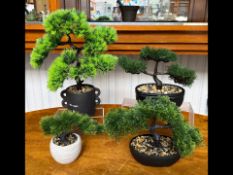 Four Artificial Bonsai Trees in Pots, assorted sizes and designs.