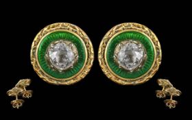 Ladies Pair of 18ct Gold Diamond Set Stud Earrings. With Green Enamel Surrounds, Diamond to
