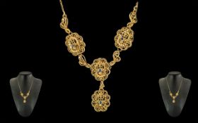 Ladies 14ct Gold Sapphire Set Ornate Necklace. Marked 14ct. Gold of Good Lustre. Length 11,5 Inches,