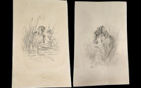 Two Early 20th Century Pencil Drawings Still Life Hunting Dogs, signed H W Hollings. Image size