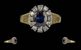 Ladies 18ct Gold Diamond / Sapphire Set Cluster Ring. Full Hallmark to Shank. The Central Blue