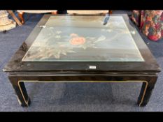 Black Lacquered Coffee Table, the top with blossoms and bird. Height 15'' x 36'' square.